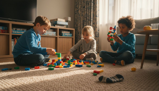 Kinderen zitten op het kleed en bouwen vrolijk met kleurrijke bouwstenen.