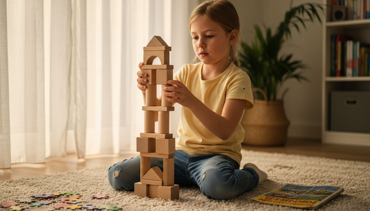 Een meisje stapelt houten blokken op elkaar en maakt zo een hoge toren.