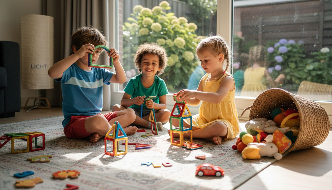Kinderen zitten op het kleed en bouwen samen met magnetisch speelgoed.