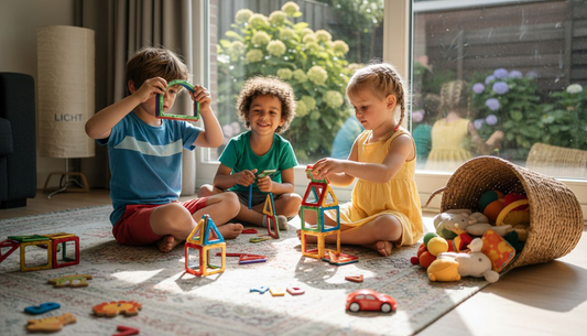 Kinderen zitten op het kleed en bouwen samen met magnetisch speelgoed.