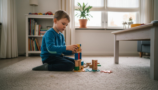 Een jongen is druk bezig een hoge toren te bouwen met educatief speelgoed.