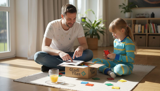 Vader en dochter bekijken samen welke bouwset ze op de vloer willen gaan maken.