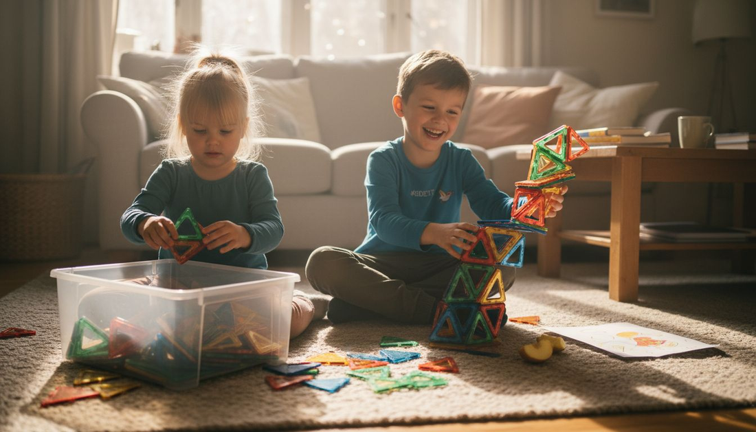 Op het vloerkleed in de woonkamer zijn kinderen gezellig bezig met het bouwen van allerlei figuren met magnetische bouwsteentjes.