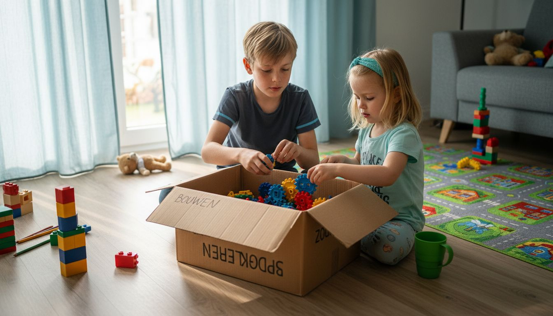 Op de grond zoeken kinderen samen het leukste bouwspeelgoed uit.