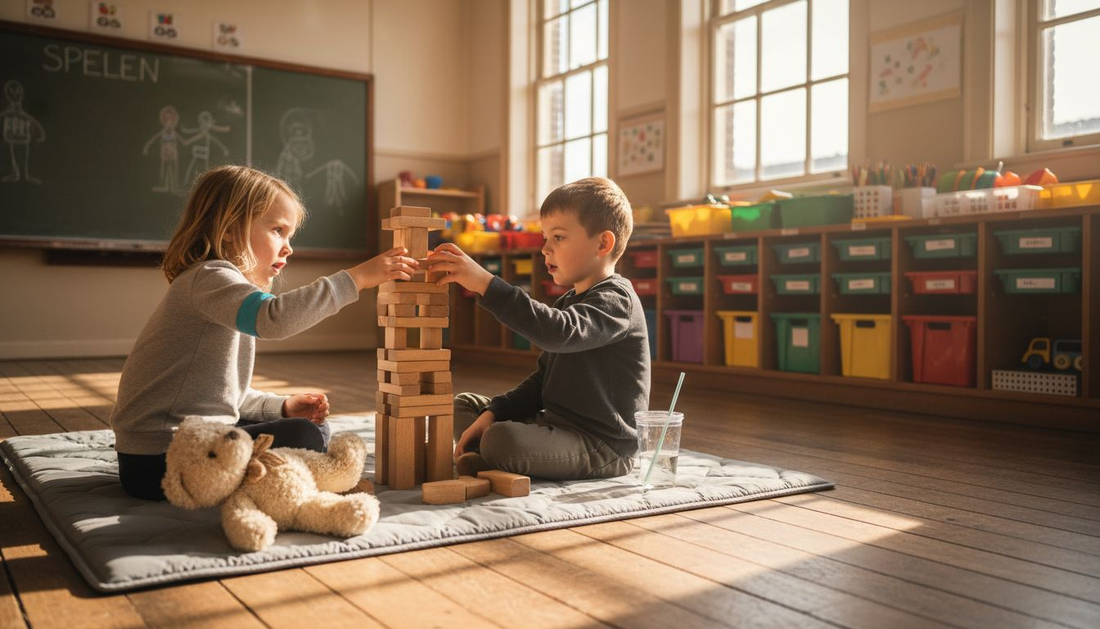 Samen bouwen kinderen de mooiste creaties van houten blokken.