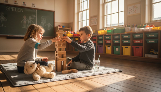 Samen bouwen kinderen de mooiste creaties van houten blokken.