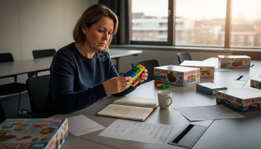 Een jurylid test en beoordeelt speelgoed tijdens een bijeenkomst in de vergaderruimte.