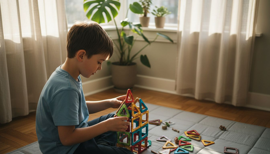 Een jongen is op de vloer bezig met het bouwen van een constructie met Gladi Tiles.