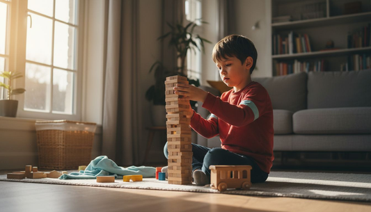 Een jongetje bouwt een stevige toren