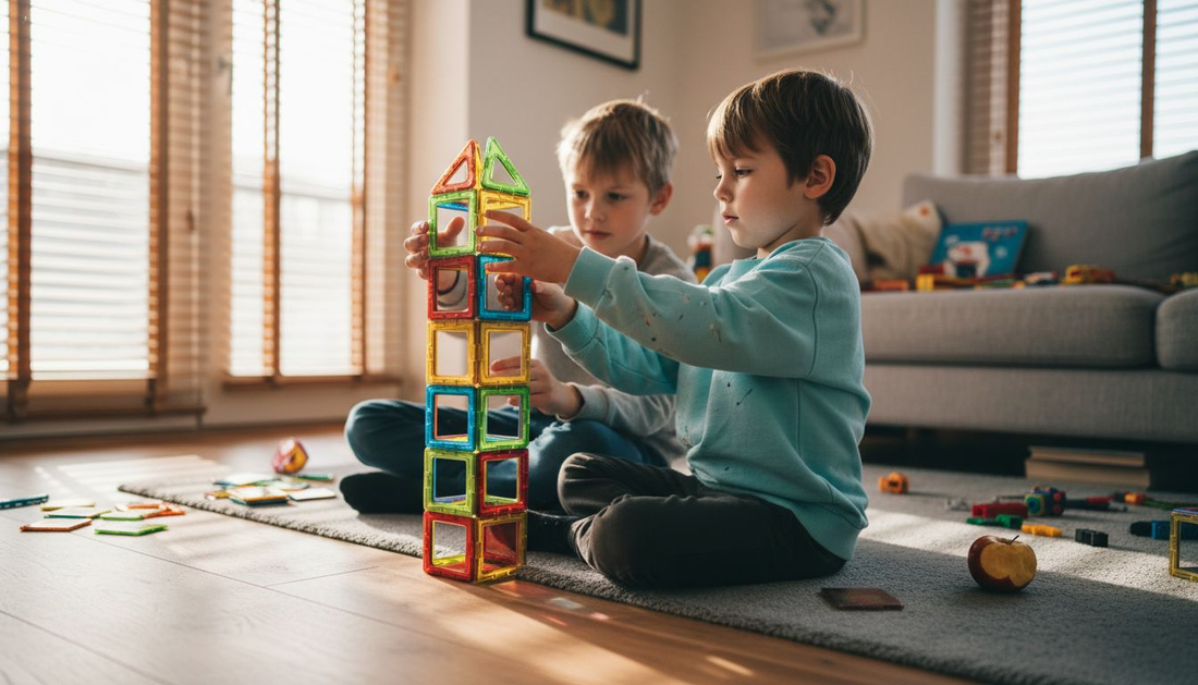 Op de vloer bouwen kinderen samen de mooiste creaties met kleurrijke magnetische tegels.