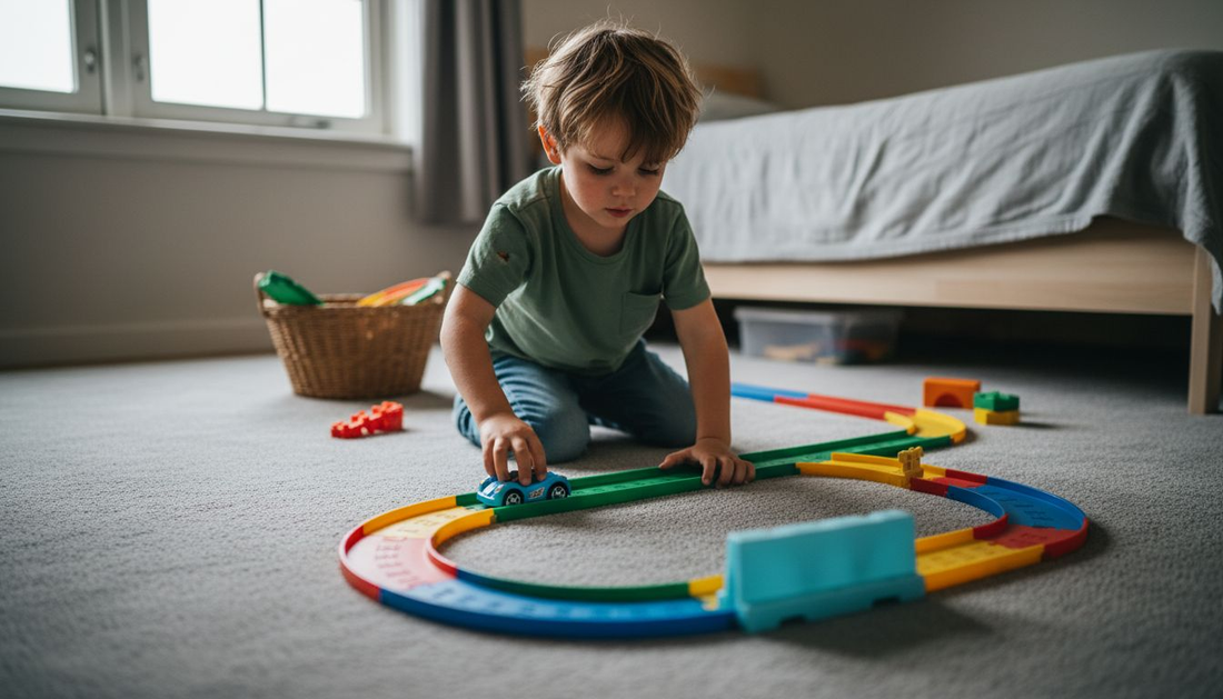 Een jongen is druk bezig met zijn racebaan in zijn slaapkamer.