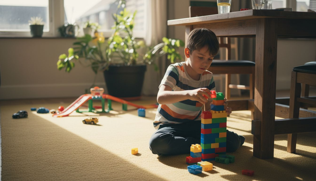 In de woonkamer zit een jongen geconcentreerd een hoge toren te bouwen van kleurrijke blokken.